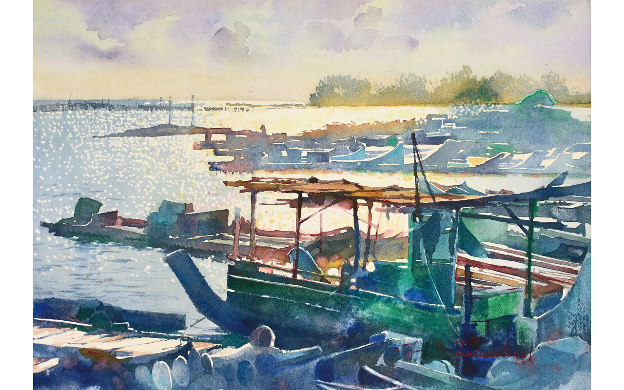 夕陽、海潮與膠筏所構築的寧靜港口之景， 畫家蔡岳霖以細彩描繪北門蘆